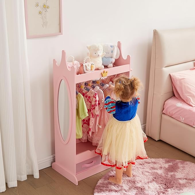 Kids Dress Up Storage with Mirror, Kids Armoire with Non-Woven Drawers, Open Costume Closet with Hanging Rack for Toddlers (Pink)