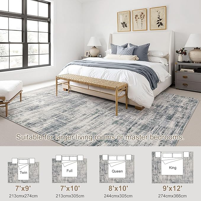 Area Rug for Living Room: 8x10 Washable Neutral Abstract Modern Soft Rugs Non Slip Indoor Floor Stain Resistant Large Carpet for Bedroom Dining Room Office Nursery - Gray