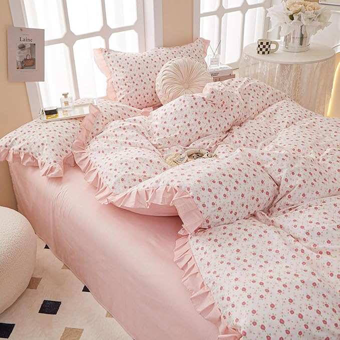 Ruffle Duvet Cover Queen Cute Red Flower Printed Lace Comforter Cover 100% Cotton Floral Duvet Cover Reversible Pink Striped Ruffle Comforter Cover Teen Girls Romantic Princess Bedding Sets Queen