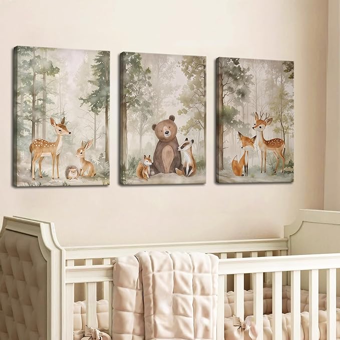 Nursery Canvas Wall Art Set of 3 - Woodland Wild Animals Bear Fox Deer Watercolor Paintings Pictures Wall Decor, Forest Animal Decor for Boys Girls Room Decoration 12x16 inch Framed