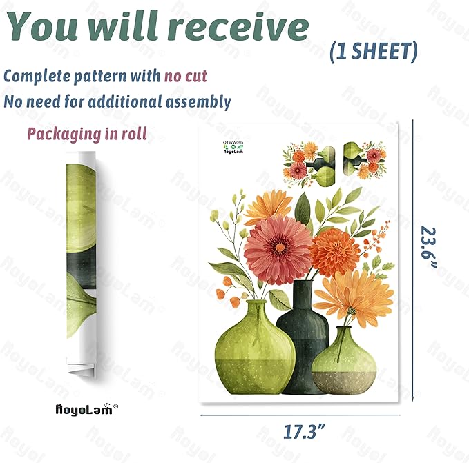 Watercolor Floral Vase Wall Decals Removable Plant Vinyl Stickers for Nursery Living Room Kitchen Decor Peel and Stick Botanical Wall Art