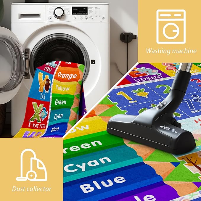 Kids Classroom & Playroom Rug - ABC Alphabet Educational Area Rug with Animals Colors & Numbers - Washable Non-Slip Carpet Playmat for Nursery Preschool & Reading Area 4x6 Feet