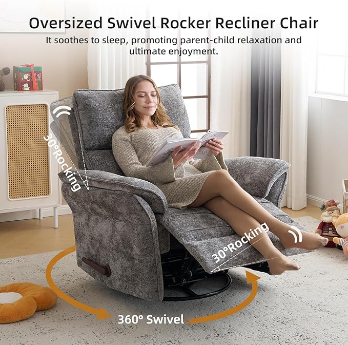 Oversized Glider Rocker Recliner, 26" Extra Wide 360° Swivel Nursery Recliner with Adjustable Headrest, Chenille Rocking Nursery Chair with Overstuffed Armrest, Lumbar Support, Dark Grey