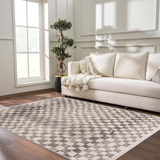 Hauteloom Pertek Modern Checkered Area Rug - Modern Geometric Carpet for Living Room, Kids Room, Nursery - Bohemian Boho Carpet - Brown, Beige, Cream - 7'10" x 10'