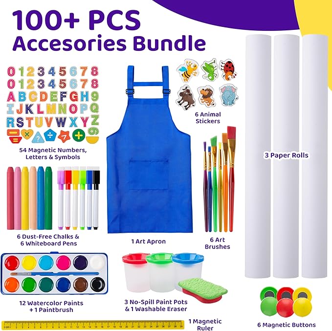 Blue Squid Art Easel for Kids with Paper Roll x 3, Includes 100+ Accessories, Double Sided Adjustable Wooden Painting Easel with Magnetic Chalk Board, White Board for Toddlers Ages 3,4,5,6,7,8,9,10,12