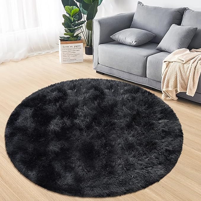 4 ft Round Fluffy Black Rug for Bedroom,Tie Dyed Furry Round Carpet Non Slip Fuzzy Shaggy Plush Circle Area Rug for Living Room Teen's Room Nursery Room Playroom Kids Room Home Decor Washable