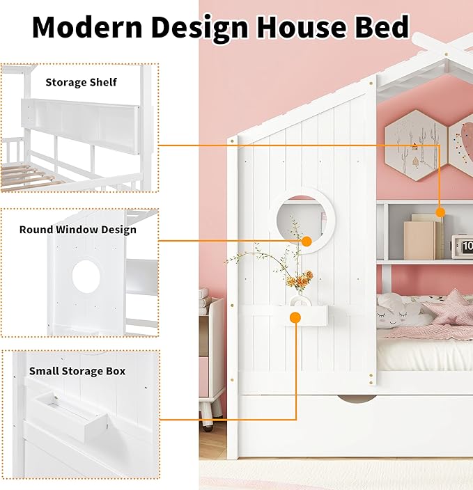 Linique Wooden Twin Size House Bed with Trundle and Storage Shelf,Modern Design Twin Platform Bed Frame with Pitched Roof,White