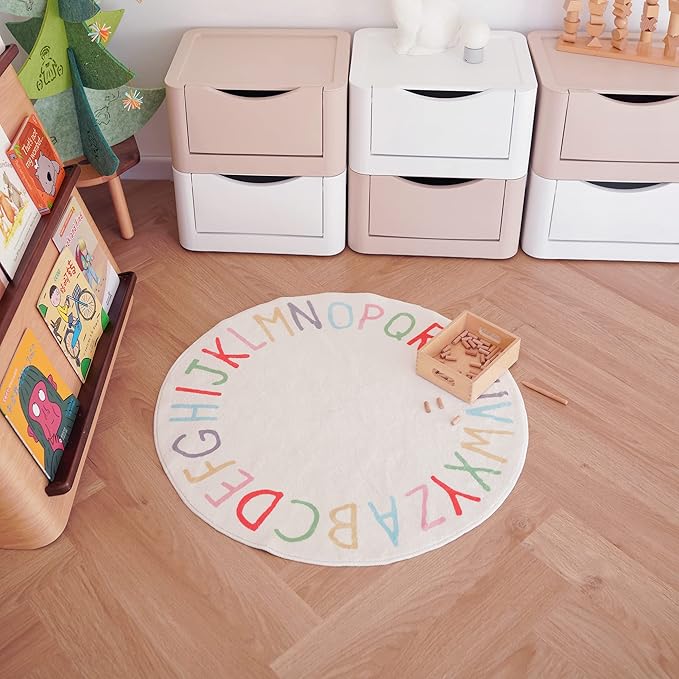 SHIPKEY Round Rug, Round Play Rug for Kids, Colored Alphabet Nursery Area Rugs, Kids Bedroom Rugs, Non-Slip Mat, Carpet for Living Room (6.6 feet)