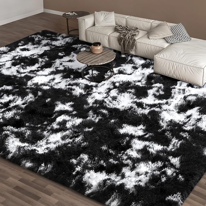 EVOIONOS Area Rug for Living Room Bedroom, Washable 7x10 Fluffy Shag Large Rug, Soft Plush Non Slip Carpet for Indoor Floor Bedside Nursery Kids Room, Home Decor Aesthetic, Tie-Dyed Black and White