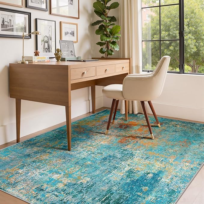 Washable Area Rugs 5'x7' Non-Slip Modern Abstract Soft for Living Room Entryway Bedroom Nursery, Print Pattern, Teal Blue Green Orange Rust Red Colorful