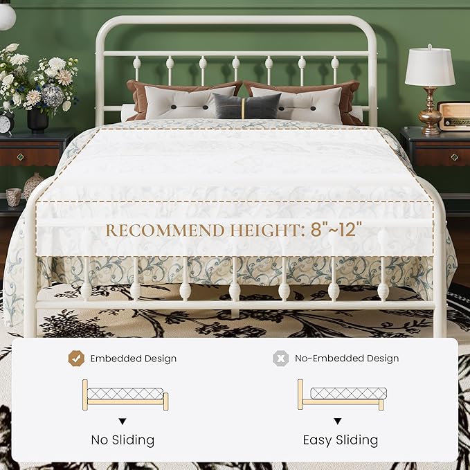 SHA CERLIN Queen Size Metal Platform Bed Frame with Victorian Style Iron-Art Headboard and Footboard, Easy Assembly, Under Bed Storage, No Box Spring Required, White