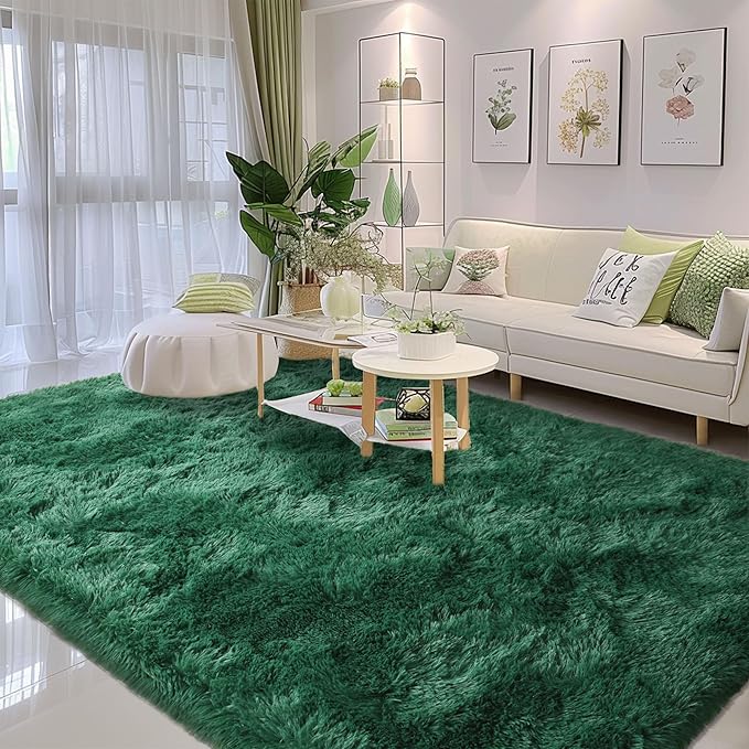 Fluffy Rug Flame Resistant 8x10 Feet, Forest Green Shaggy Rugs for Living Room Washable 8x10 Area Rugs Clearance