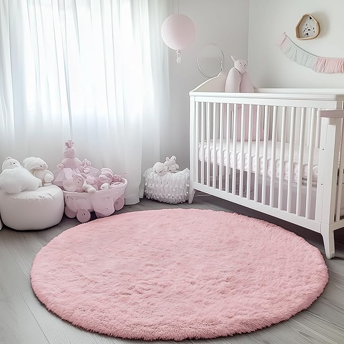 ONASAR Light Pink Round Area Rugs 5ft for Bedroom Living Room, Washable Fluffy Circle Rug for Kids Girls Boys Teen, Soft Plush Shaggy Carpet for Nursery Dorm Classroom Playroom Home Decor Aesthetic