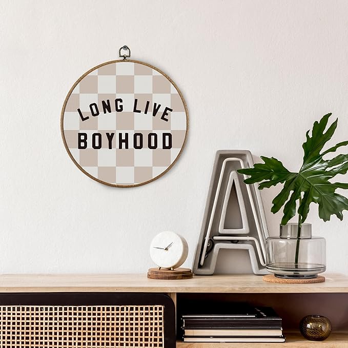 BitKAM Boy Nursery Round Wall Art Decor, Long Live Boyhood Canvas Prints Framed, Retro Beige Checkered Wall Hanging Decorations for Kids Boys Nursery Bedroom Playroom, 10x10 Inch Wall Sculptures