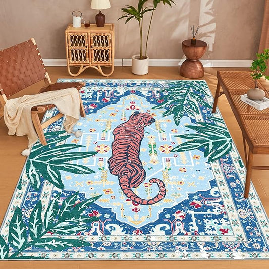 Tiger Rug 3x5 Blue Washable Non-Slip Boho Vintage Jungle Rug Whimsical Animal Print Soft Cozy Tropical Woodland Carpet for Bedroom Laundry Room Kitchen Hallway Entryway