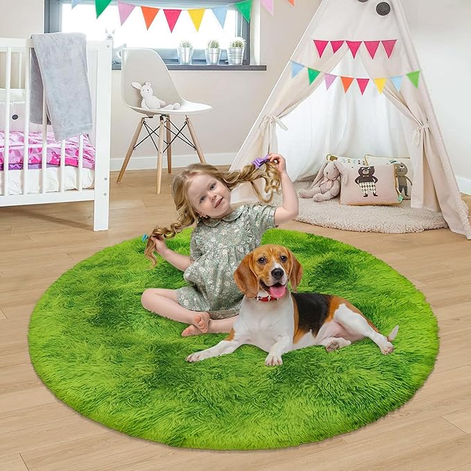 4 ft Fluffy Green Grass Area Rugs for Bedroom,Tie Dyed Plush Circle Rug Shag Round Carpet Fuzzy for Living Room Baby's Toddler's Boys Girls Room Kids Playroom Nursery Decor Aesthetic