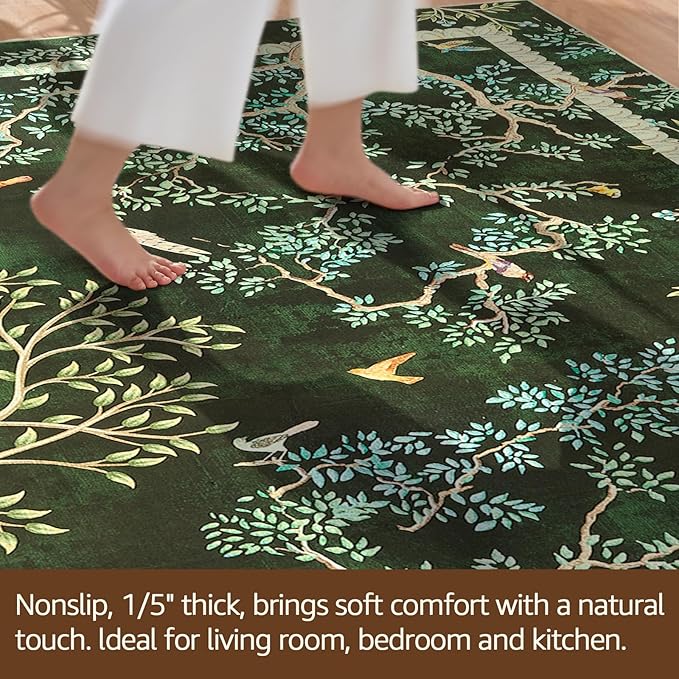 jinchan Yarden Botanical Birds 3x5 Moss Green Christmas Area Rugs for Entryway - Washable Non-Slip Soft Nature Plants Modern Kids Room Carpet,Vintage Low Pile Rug for Living Room Bathroom Front Door