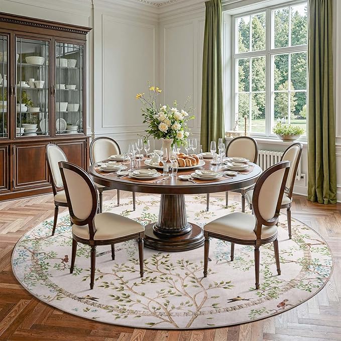 jinchan Yarden Round Rugs 7ft Ivory Botanical Birds Print,Machine Washable 7' Circle Nature Plants Modern Soft Non Slip Kids Throw Area Rugs Ultra Thin Low Pile Carpet for Living Room Bedroom