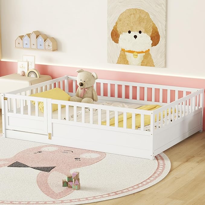 Bellemave Full Floor Bed with Slats and High Fence, Full Size Montessori Floor Beds with Door, No Box Spring Needed, Easy Assemble Montessori Bed Frame(White Full)