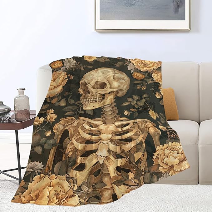 Gothic Skull Blanket Halloween Throw Blanket Spooky Skeleton Bones Flannel Stuff Merch Cozy Decor Fleece Plush Fuzzy Warm Soft Lightweight Bedding Gifts for Women Men Girl Boy Couch 80"X60"