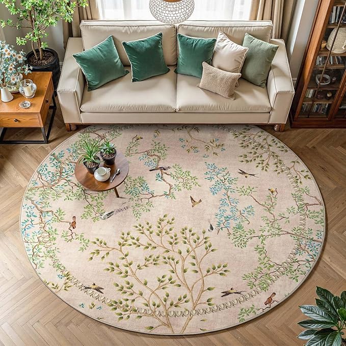 jinchan Yarden Round Rugs 7ft Beige Botanical Birds Print Machine Washable 7' Circle Nature Plants Modern Soft Non Slip Kids Throw Area Rugs Ultra Thin Low Pile Carpet for Living Room Bedroom