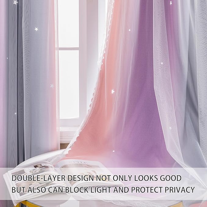 XiDi Girls Curtains for Bedroom 90 Inches Long 2 Panels Grey Pink Purple Rainbow Blackout Curtains for Little Girl Kids Room Decor Living Room, Princess Unicorn Wall Decals Drapes 52x90
