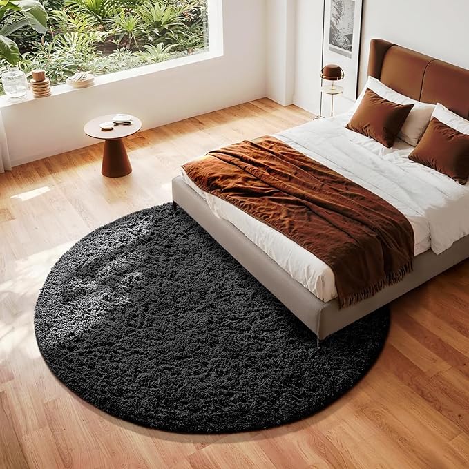 Ophanie Round Rug 7Ft Black Circle Area Rug, Room Decor for Men, Fluffy Fuzzy Bedroom Carpet, Plush Soft Shaggy Living Room Rugs for Kids Home Decor Aesthetic, Nursery
