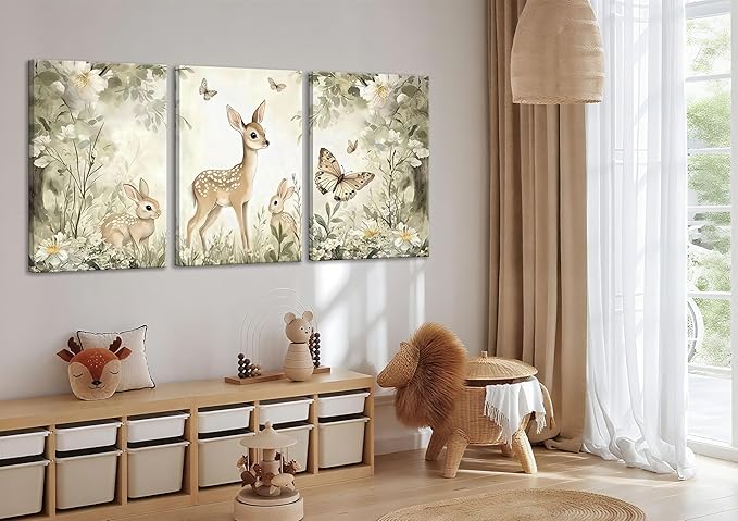 3Pcs Woodland Animal Nursery Canvas Wall Art Cute Forest Animal Wall Decor Pictures Deer and Butterfly Wildflowers Posters Prints for Nursery Bedroom Kids Room Home Decoration Prepare to Hang 12X16in
