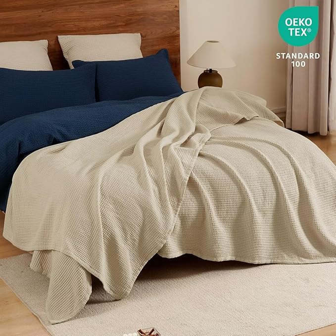 PHF 100% Cotton Waffle Muslin Blanket Queen Size, 90" x 90" Lightweight and Breathable Washed Cotton Blanket, Aesthetic Soft Muslin Waffle Bedding for Sofa Bed Home Decor, Oak