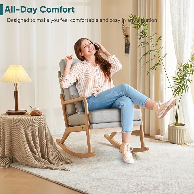 JOYBASE Rocking Chair, Nursery Glider Rocker Chair, Nursing Rocking Accent Chair, Modern Comfy Lounge Armchair with High Backrest for Indoor, Living Room, Bedroom, Nursery (Light Grey, Linen)