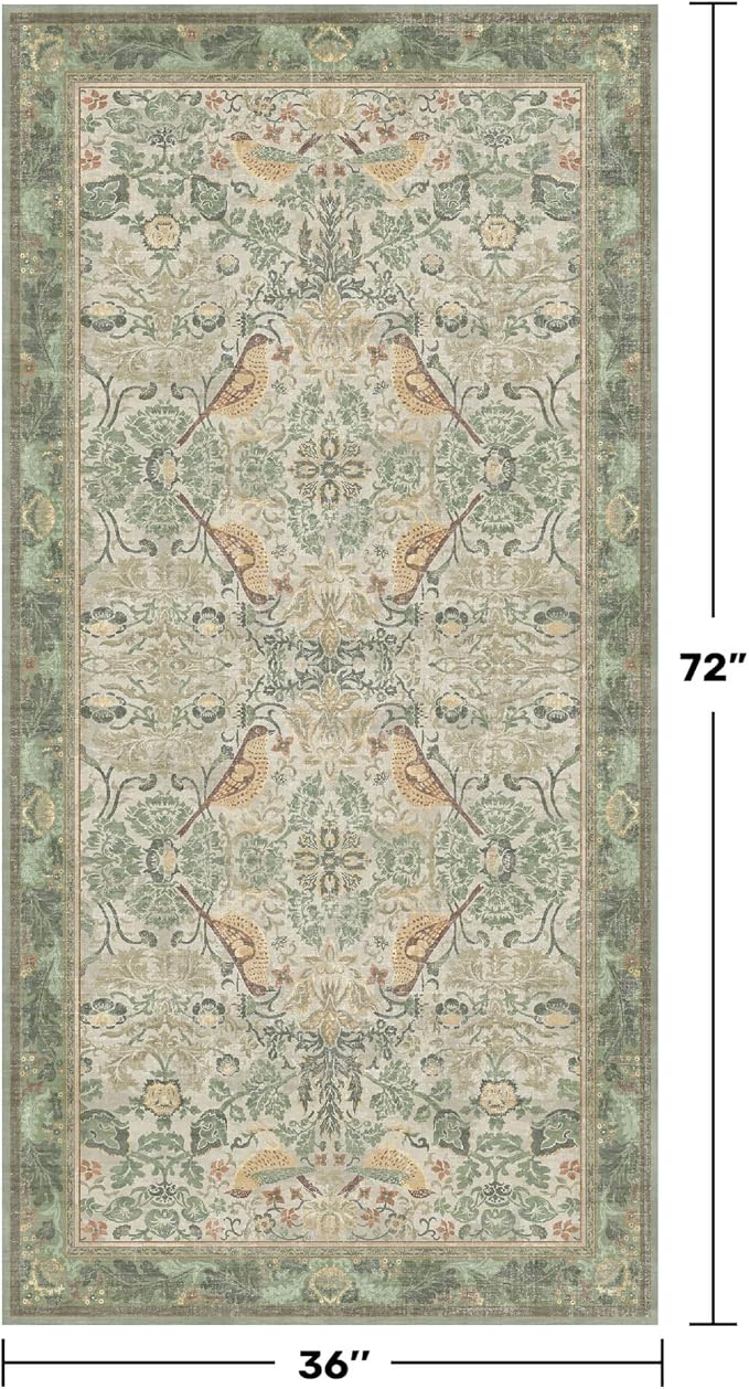 Large Entryway Rugs Indoor - 3x6 Washable Rugs for Kitchen Bedroom Beside Bed Door Mat Indoor Entrance with Beige Woodland Flowers, Non Slip Stain Resistant Low Pile