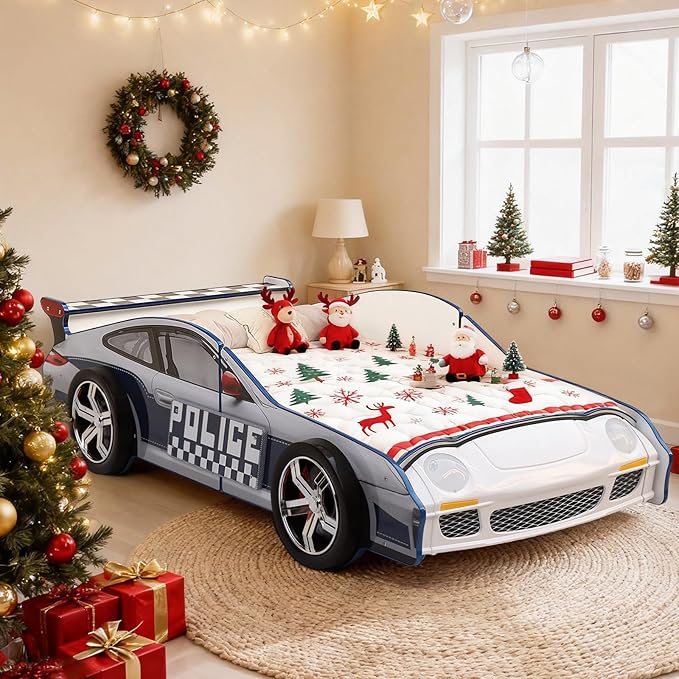 Bed Frames for Kids, Hero Patrol Police Car Bed Wooden Platform Bed Frame with LED Lights, Twin Size Chidren Bed Frame with Wood Slat Support, Fits Standard Twin Mattres (Blue)