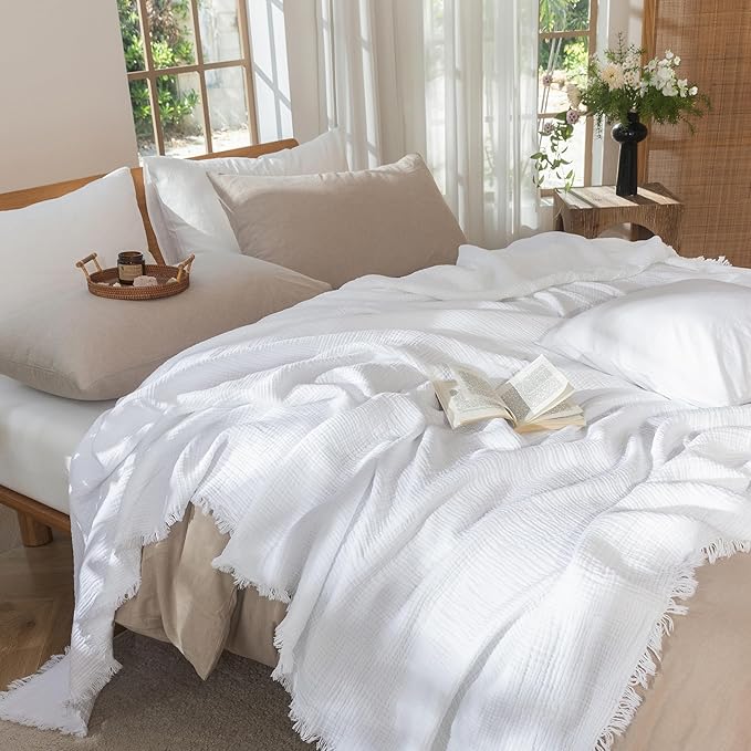 MooMee Muslin Blanket - 100% Cotton 4-Layer Gauze Throw Blanket with All-Around Fringe, Ultra-Soft Breathable Lightweight Cooling Decorative for Bed, Sofa & Couch (Bright White,Throw XL 50" x 70")
