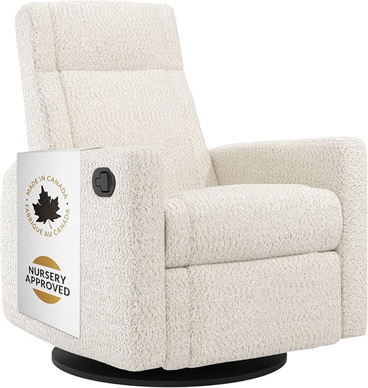 Jaymar Nelly Modern Nursery Glider Recliner Chair – Cozy Nursing Chair with 360° Swivel for New Parents, Gentle Motion, Compact Design, Lumbar Support – Made in Canada (Pearl/Puppy Fabric)