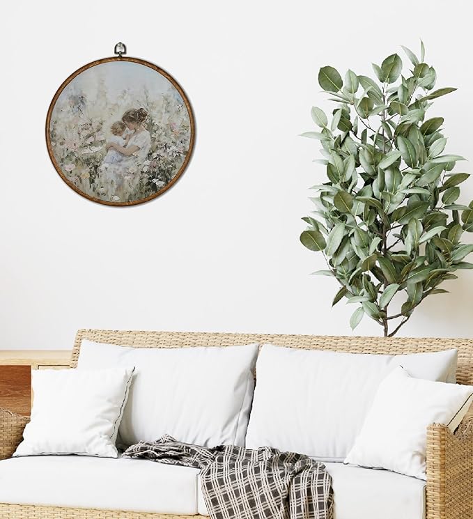 Vintage Mother & Child Round Wall Art Framed, Wildflower Meadow Nursery Wall Decor, Shabby Chic Botanical Landscape Hanging Canvas Prints(10X10inches) -A21