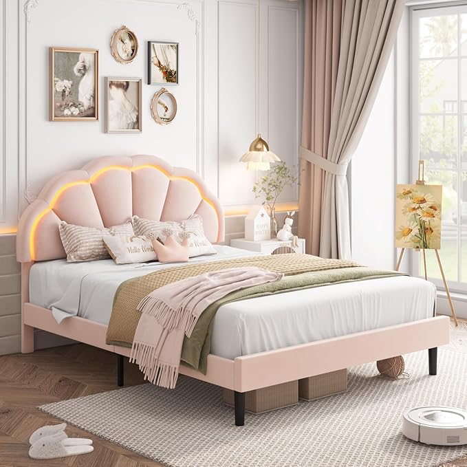 HIFIT Queen Upholstered Smart LED Bed Frame with Adjustable Chic Petal Headboard, Soft Princess Queen Size Platform Bed Frame for Girls, Wooden Slats Support, No Box Spring Needed, Easy Assembly, Pink