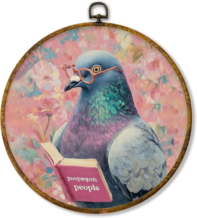 Hiuwevt Vintage Pigeon Round Wall Art Decor, Cheeky Humorous Bird Framed Canvas Prints, Funny Trendy Bird Round Wall Hanging Decor for Bathroom Restroom Washroom Toilet Decorations, 10x10 Inches