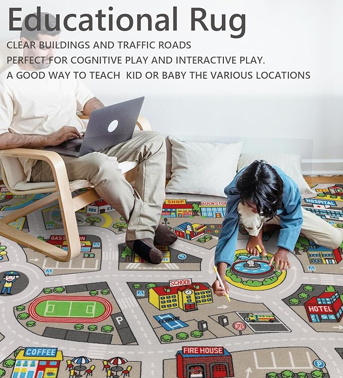 Kids Rug 6'6" x 5'0" City Life Playmat Area Rug Car City Map Washable Traffic Road Educational Learning Nursery Rug Carpet for Children Playroom Living Room Bedroom Classroom Decor Tan