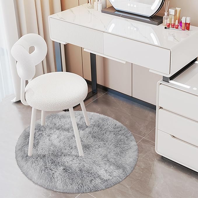 3 ft Small Grey Round Rug for Bedroom,Tie Dyed Soft Shaggy Circle Rug Fluffy Plush Gray Round Carpet for Kids Girls Boys Room Baby Nursery Living Room Playroom Home Decor