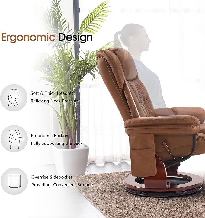 MCombo Swivel Recliner with Ottoman, Faux Leather TV Chair with Vibration Massage, Ideal for Small Space, Living Room & Bedroom 4734 (Saddle)