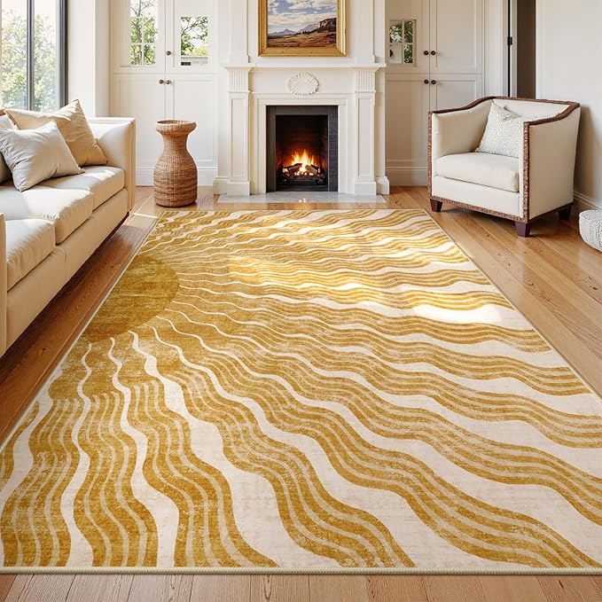 Boho Machine Washable Rug 6x9, Sun Print Soft 6x9 Nursery Rug for Bedroom Classroom, Ultra-Thin Non Slip Kids Large Carpet for Living Room Playroom Office(6'x9',Gold/Multi)