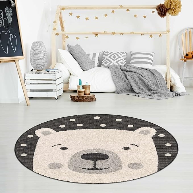 Hauteloom Kids Room, Nursery Round Area Rug - Outdoor Patio Safe - Animal Bear Playroom Carpet - Beige, Gray, Black, Cream - 3'11"