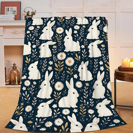 Rabbit Blanket Rabbits Flower Floral Throw Blanket Soft Cozy Fleece Fuzzy Plush Warm Stuff Bedding Farm Animal Nursery Toddler Baby Blankets Gifts for Boys Girls Kids Adult Men Women 60"X80"