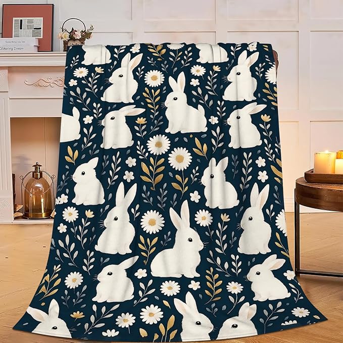 Rabbit Blanket Rabbits Flower Floral Throw Blanket Soft Cozy Fleece Fuzzy Plush Warm Stuff Bedding Farm Animal Nursery Toddler Baby Blankets Gifts for Boys Girls Kids Adult Men Women 50"X60"
