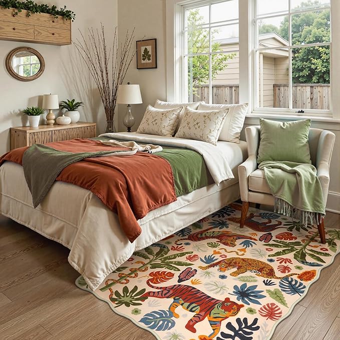 LEEVAN 3x5 Bedroom Rug Washable Tiger Kitchen Rugs Non Slip Beige Entryway Mat Scalloped Office Floor Pad Leopard Living Room Rug Low Pile Playroom Carpet Jungle Kids Mat