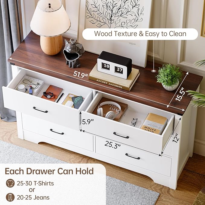 Farmhouse 6 Drawer Dresser for Bedroom, 51" Wide Chest of Drawers, Wooden Dresser Tv Stand, Storage Dressers Organizer for Bedroom, Living Room, Hallway, White