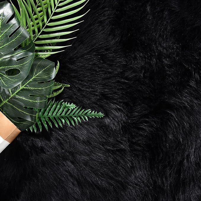 Latepis Black Furry Rugs for Bedroom Circle Faux Sheepskin Fur Rug Fluffy Round Rugs 6ft High Pile Plush Shaggy Rug for Living Room Playing Room Luxury Home Decor