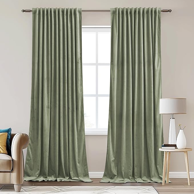StangH Extra Wide Sage Green Velvet Curtains Soft Room Darkening Thermal Insulated Dividers for Living Room Back Tab Heavy Drapes for Bedroom, W62 x L96, 2 Panels