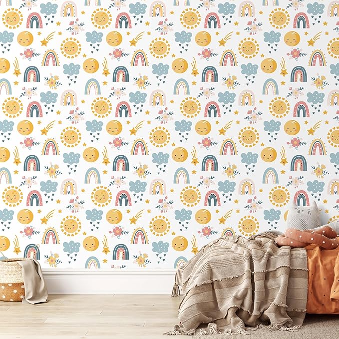CHIHUT Peel and Stick Wallpaper Kids Cute Star Cloud Rainbow Wallpaper for Girls Bedroom Decorative Colorful Rainbow Contact Paper Removable Self Adhesive Wall Paper Mural for Nursery Wall 17.7”x100”