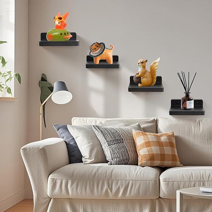 Small Floating Shelf for Wall,5 Inch Wooden Wall Shelf Set of 2,Mini Speaker, Baby Monitor,Cameras，Figurines Display Stand, for Bedroom, Gaming Room, Living Room, Bathroom, Office(Black)